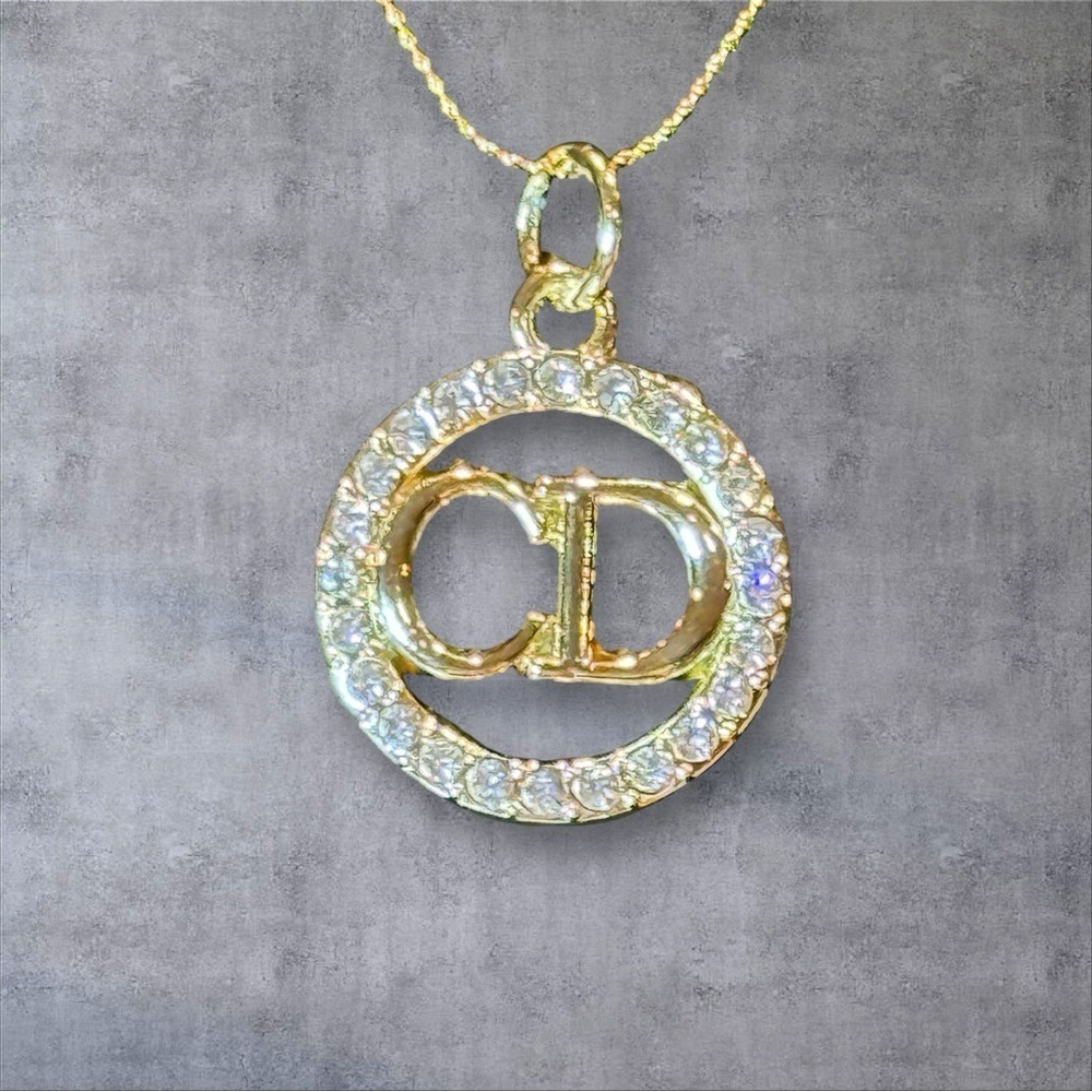 Upcycled Dior Gold Pendant Necklace with Crystal Accents